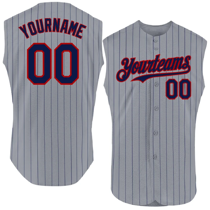 Baseball Jerseys With Custom Text-Custom Gray Navy Pinstripe Red Authentic Sleeveless Baseball Jersey