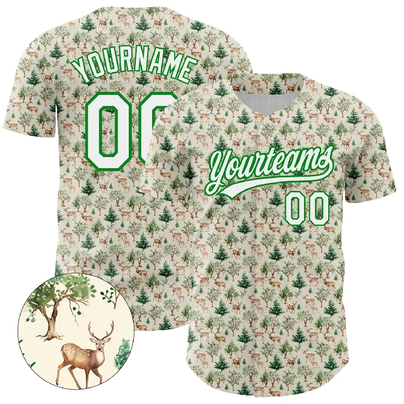 Custom Baseball Jerseys For Sports Conferences-Custom Cream White-Grass Green 3D Pattern Design Animal Deer Authentic Baseball Jersey