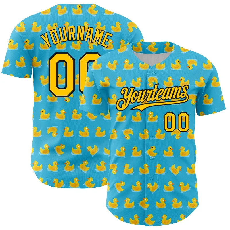 Personalized Baseball Jerseys For School Teams-Custom Sky Blue Yellow-Black 3D Pattern Design Duck Authentic Baseball Jersey