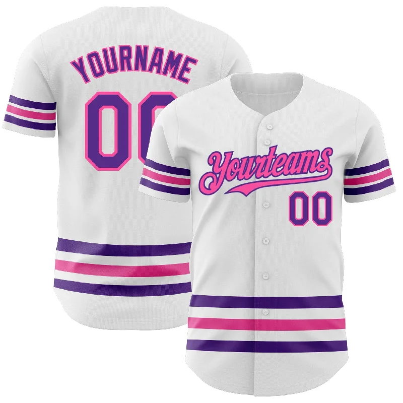 Custom Baseball Jerseys For Club Teams-Custom White Purple-Pink Line Authentic Baseball Jersey