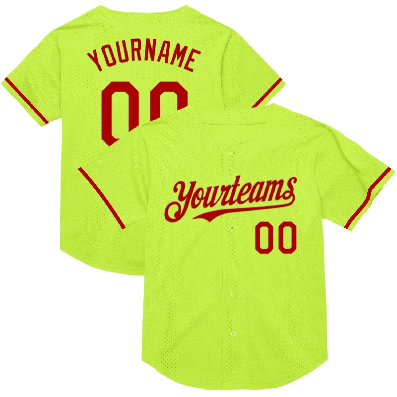 Custom Baseball Jerseys With Unique Designs-Custom Neon Green Red Mesh Authentic Throwback Baseball Jersey