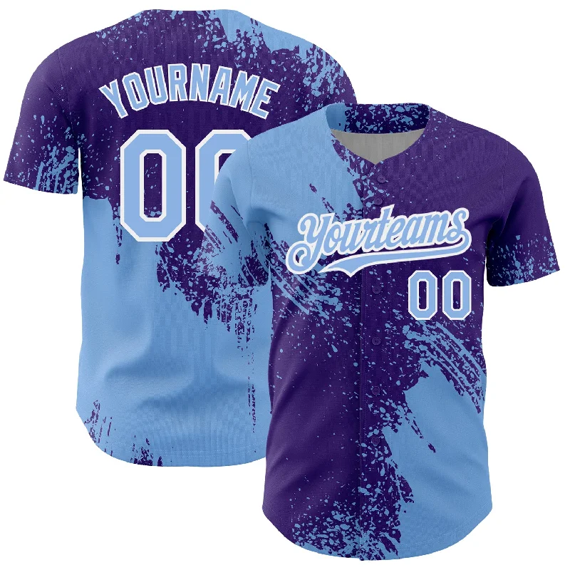 Baseball Jerseys With Custom Sleeve Printing-Custom Light Blue Purple-White 3D Pattern Design Abstract Brush Stroke Authentic Baseball Jersey