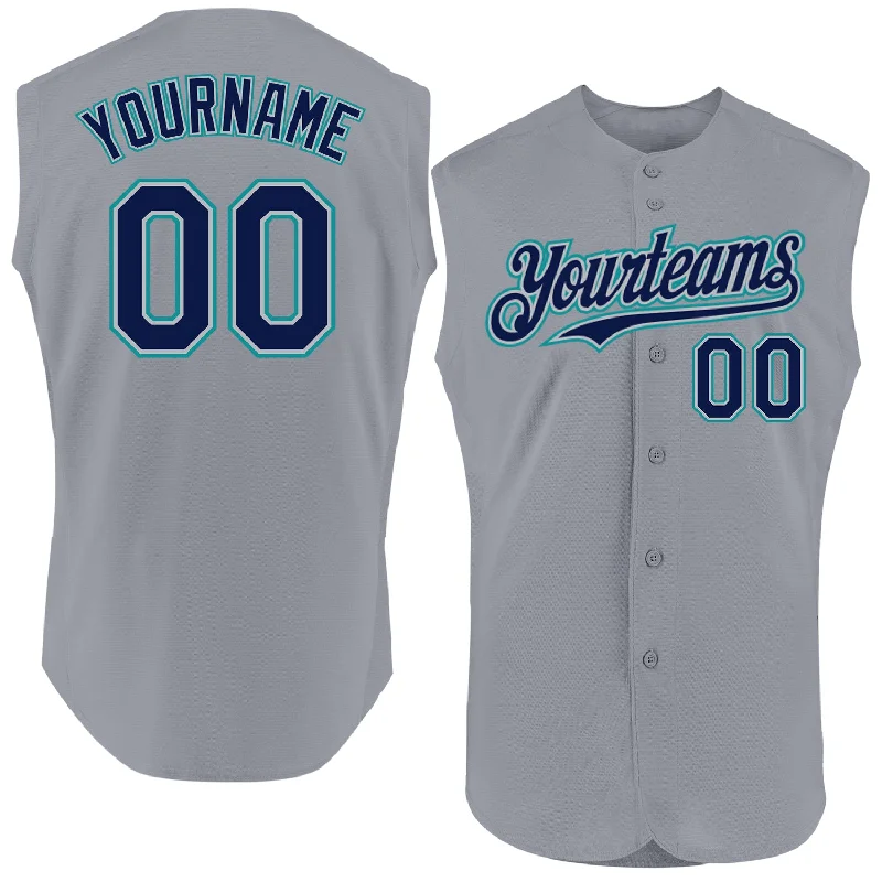 Custom Baseball Jerseys For Special League Events-Custom Gray Navy-Teal Authentic Sleeveless Baseball Jersey