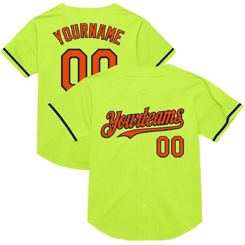 Custom Baseball Jerseys For Team Sponsorship-Custom Neon Green Orange-Navy Mesh Authentic Throwback Baseball Jersey