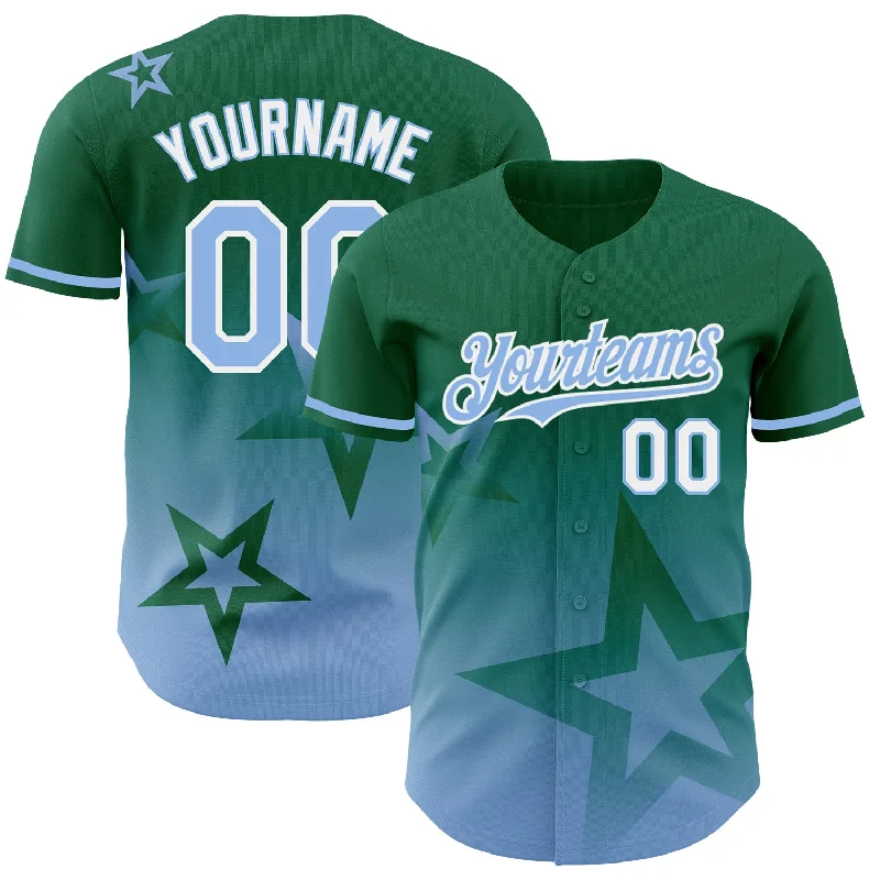 Custom Baseball Jerseys For Special Events-Custom Kelly Green Light Blue-White 3D Pattern Design Gradient Style Twinkle Star Authentic Baseball Jersey