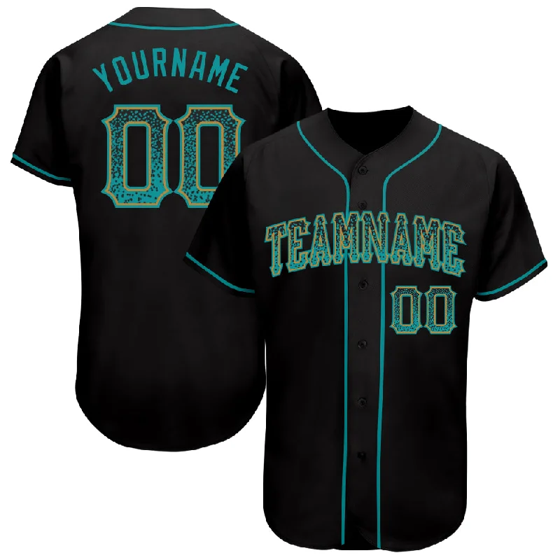 Custom Baseball Jerseys For Major Events-Custom Black Teal-Old Gold Authentic Drift Fashion Baseball Jersey