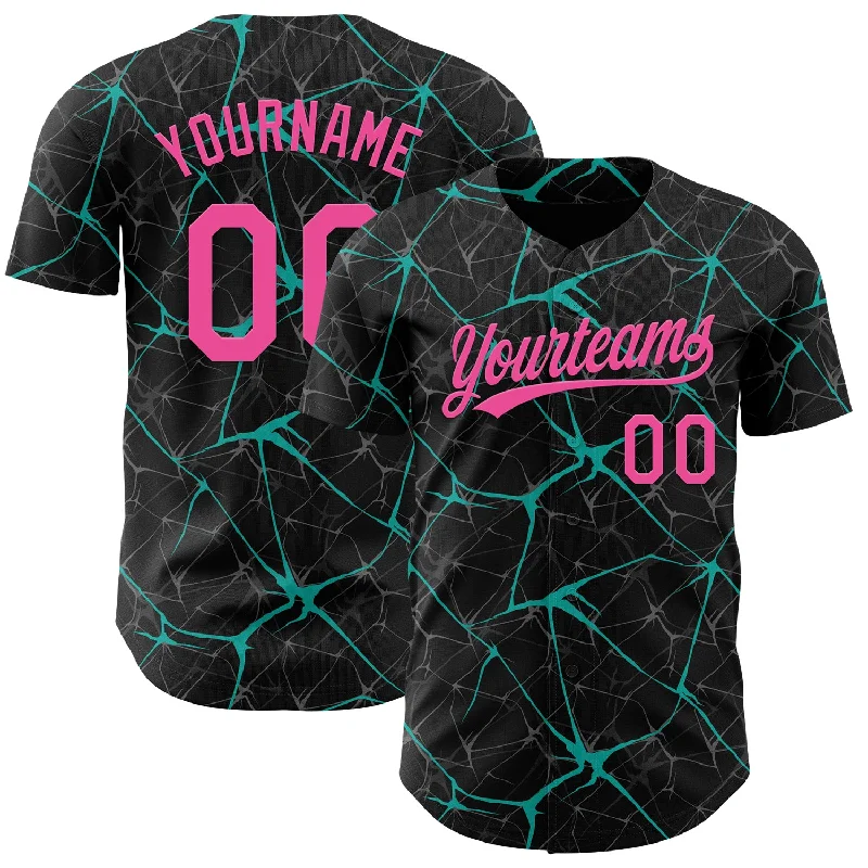 Personalized Baseball Jerseys For Families-Custom Black Pink-Aqua 3D Pattern Design Abstract Network Authentic Baseball Jersey