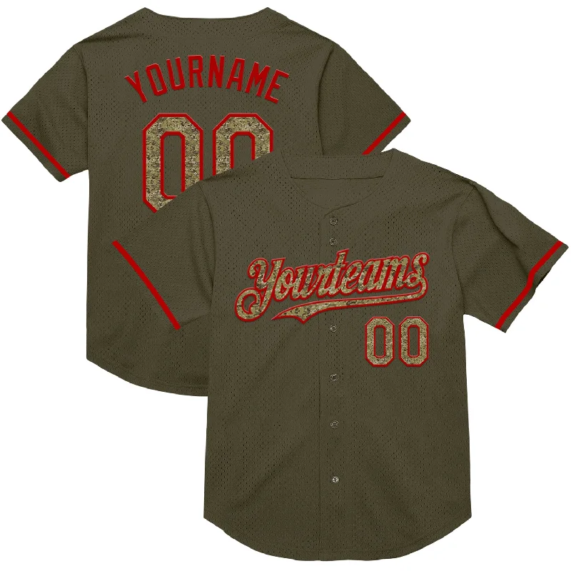 Personalized Baseball Jerseys For Group Orders-Custom Olive Camo-Red Mesh Authentic Throwback Salute To Service Baseball Jersey