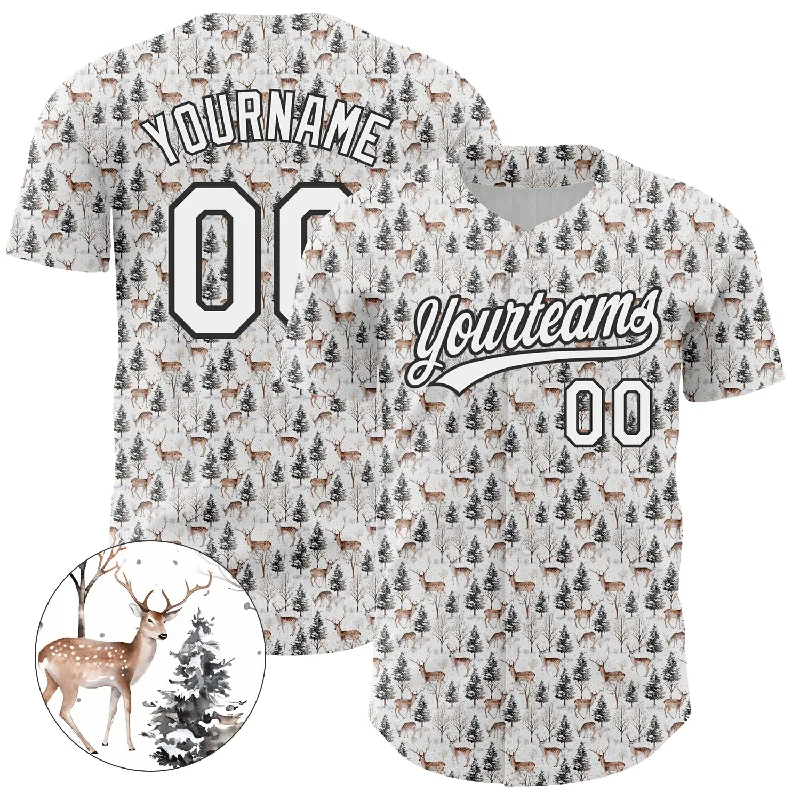 Personalized Baseball Jerseys For College Teams-Custom White Black 3D Pattern Design Animal Deer Authentic Baseball Jersey