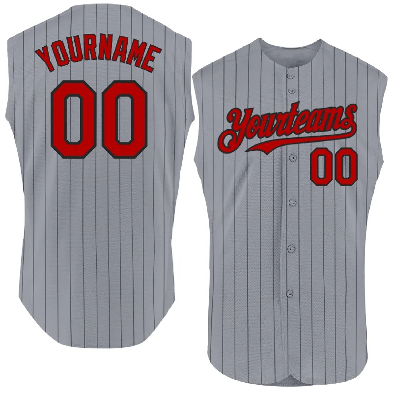 Personalized Baseball Jerseys For Group Custom Orders-Custom Gray Black Pinstripe Red Authentic Sleeveless Baseball Jersey