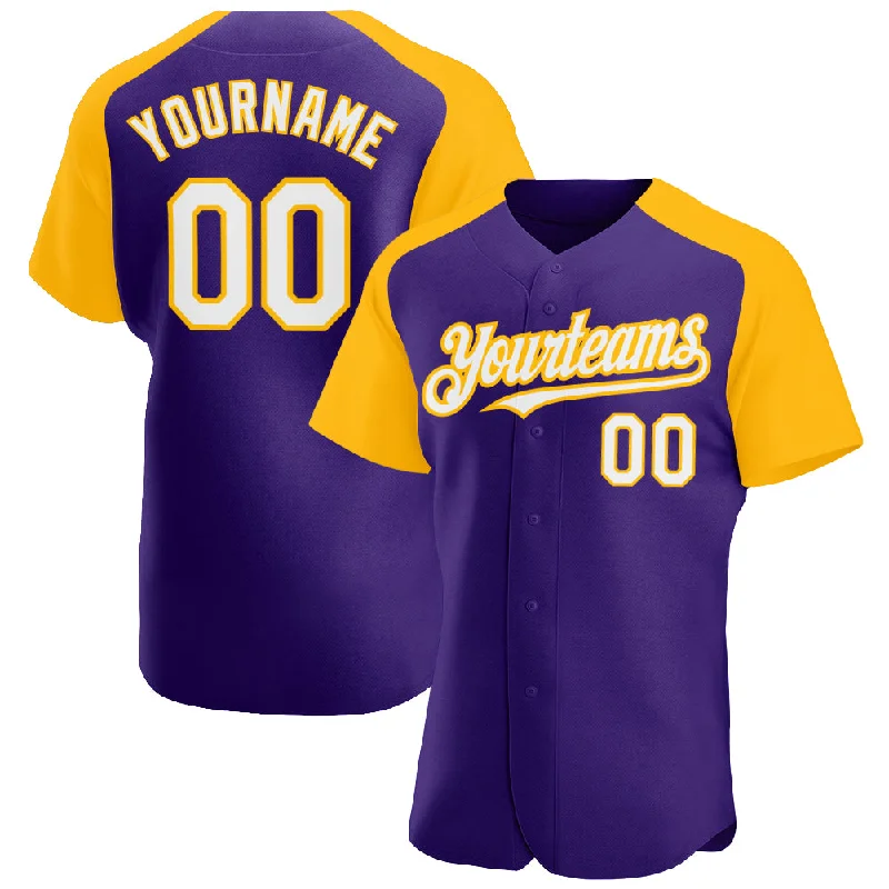 Baseball Jerseys For Special Team Events-Custom Purple White-Gold Authentic Raglan Sleeves Baseball Jersey