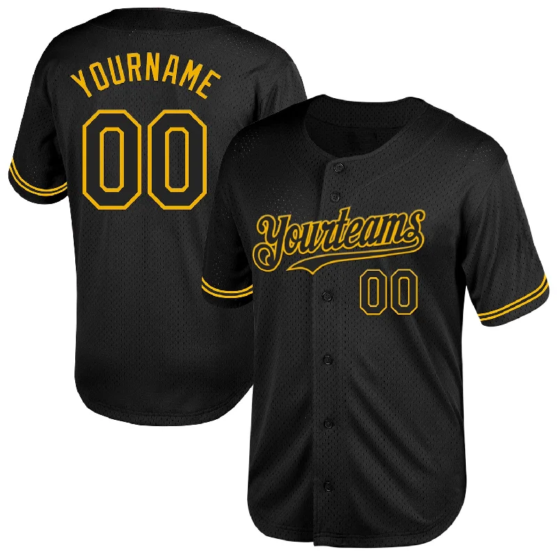 Baseball Jerseys For Team Celebrations-Custom Black Gold Mesh Authentic Throwback Baseball Jersey