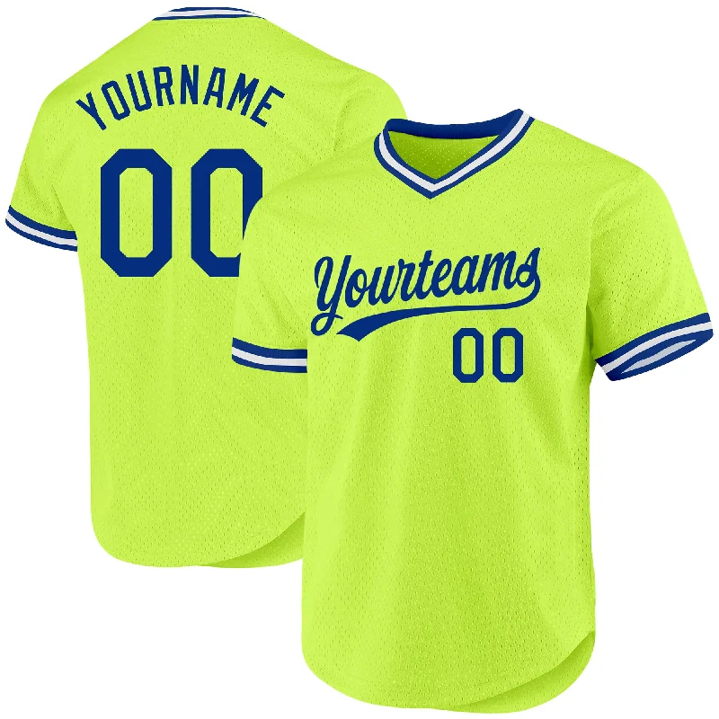 Personalized Baseball Jerseys For Schools-Custom Neon Green Royal-White Authentic Throwback Baseball Jersey