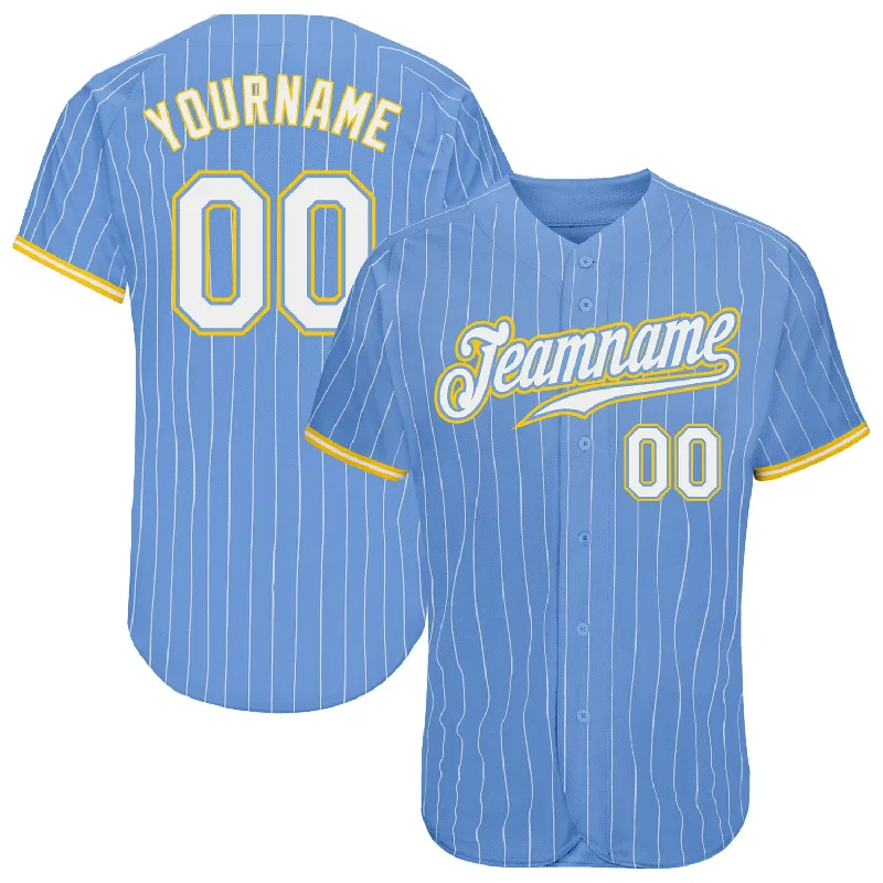 Baseball Jerseys With Custom Designs & Patterns-Custom Light Blue White Pinstripe White-Gold Authentic Baseball Jersey