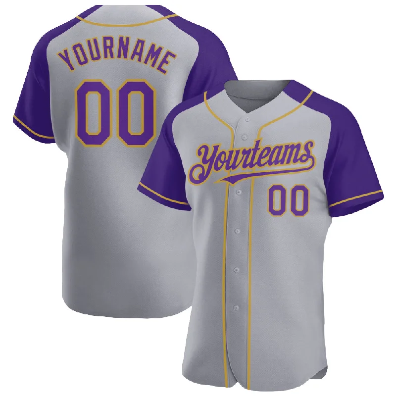 Baseball Jerseys For Family Events-Custom Gray Purple-Old Gold Authentic Raglan Sleeves Baseball Jersey