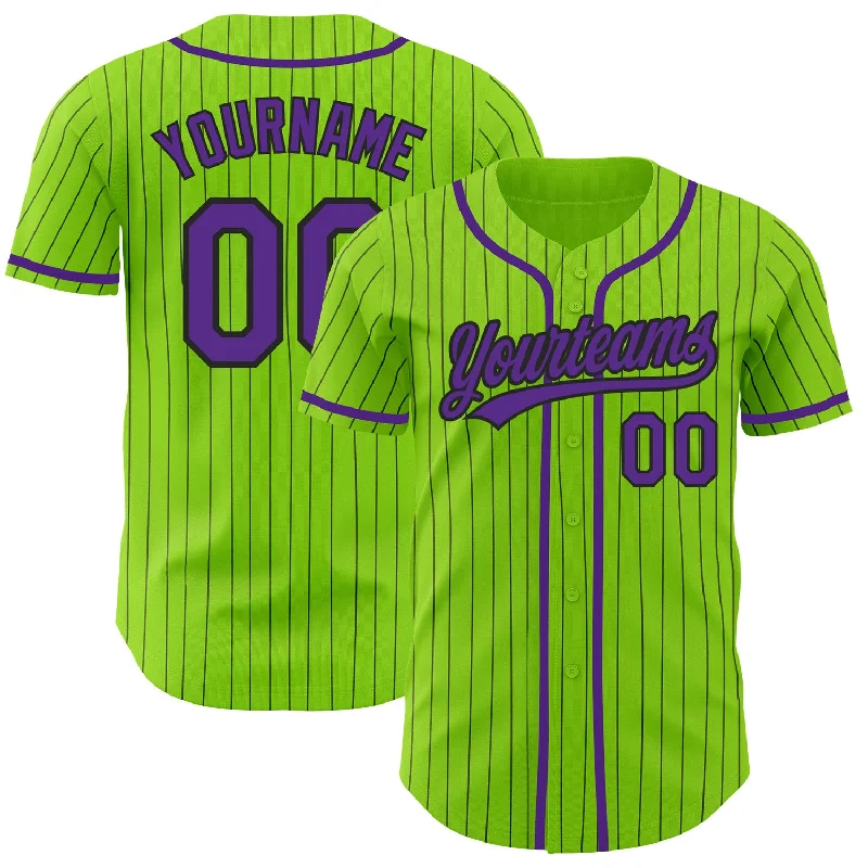 Baseball Jerseys With Custom Back Designs-Custom Neon Green Black Pinstripe Purple Authentic Baseball Jersey