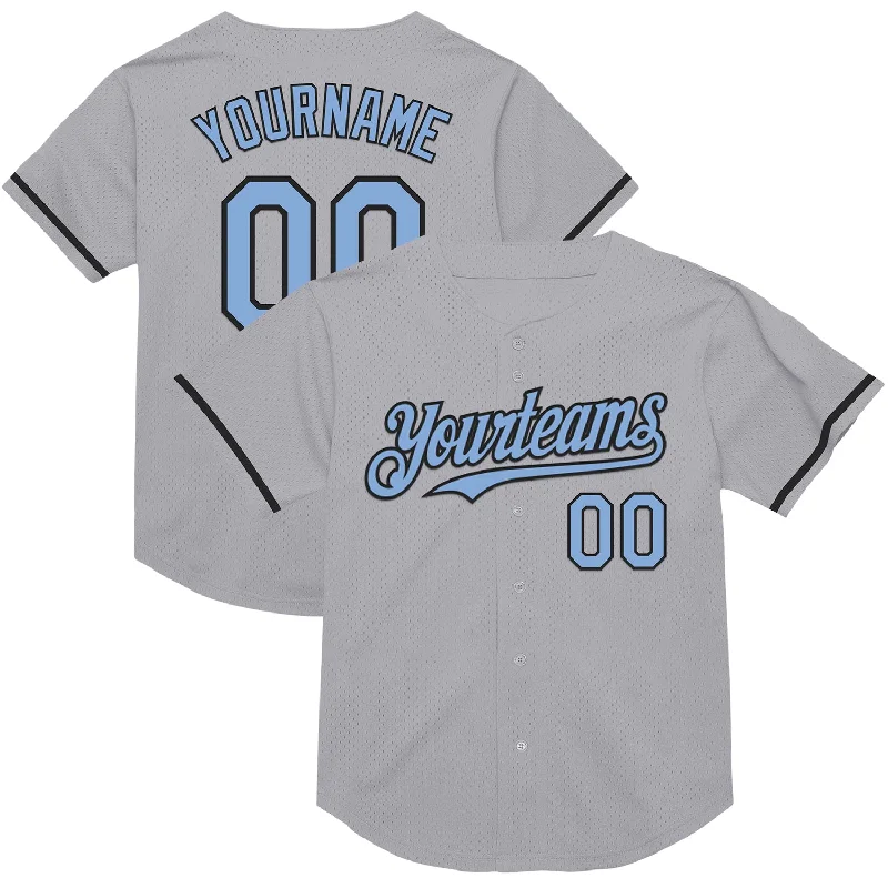 Custom Baseball Jerseys With Unique Designs-Custom Gray Light Blue-Black Mesh Authentic Throwback Baseball Jersey