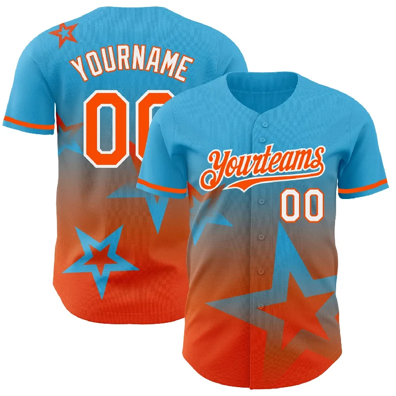 Custom Baseball Jerseys For Regional Tournaments-Custom Sky Blue Orange-White 3D Pattern Design Gradient Style Twinkle Star Authentic Baseball Jersey