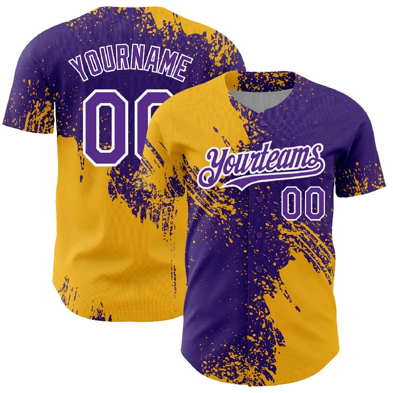 Baseball Jerseys For Youth Teams & Leagues-Custom Purple Gold-White 3D Pattern Design Abstract Brush Stroke Authentic Baseball Jersey