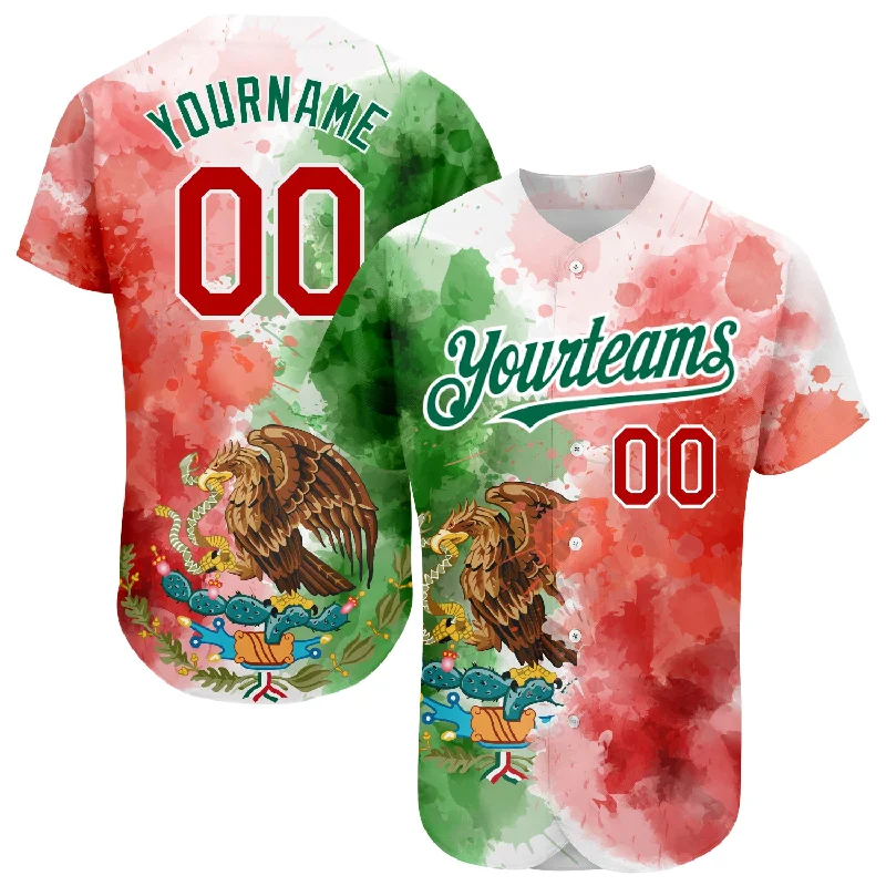 Custom Baseball Jerseys For Fundraising Events-Custom Kelly Green Red-White 3D Mexican Flag Watercolored Splashes Grunge Design Authentic Baseball Jersey