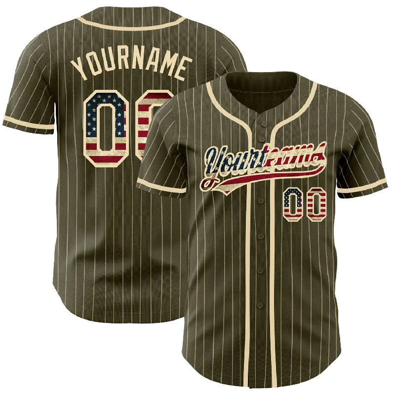 Baseball Jerseys For Special Fan Days-Custom Olive City Cream Pinstripe Vintage USA Flag Authentic Salute To Service Baseball Jersey