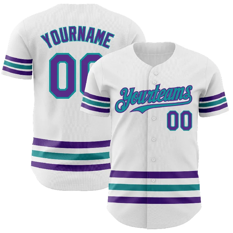 Baseball Jerseys With Custom Branding-Custom White Purple-Teal Line Authentic Baseball Jersey