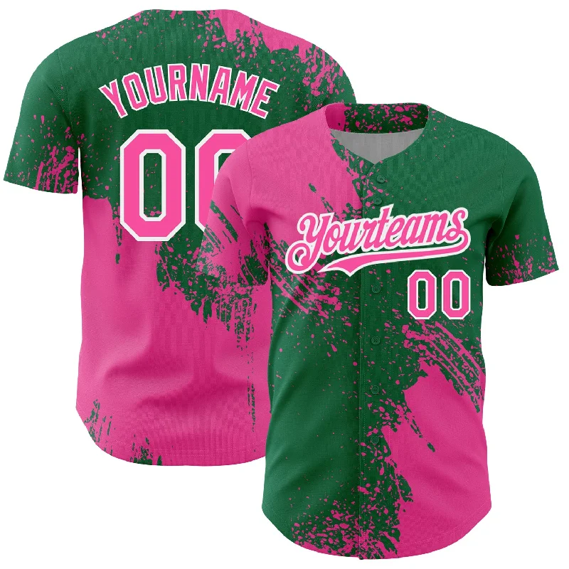 Custom Baseball Jerseys For VIP Events-Custom Pink Kelly Green-White 3D Pattern Design Abstract Brush Stroke Authentic Baseball Jersey