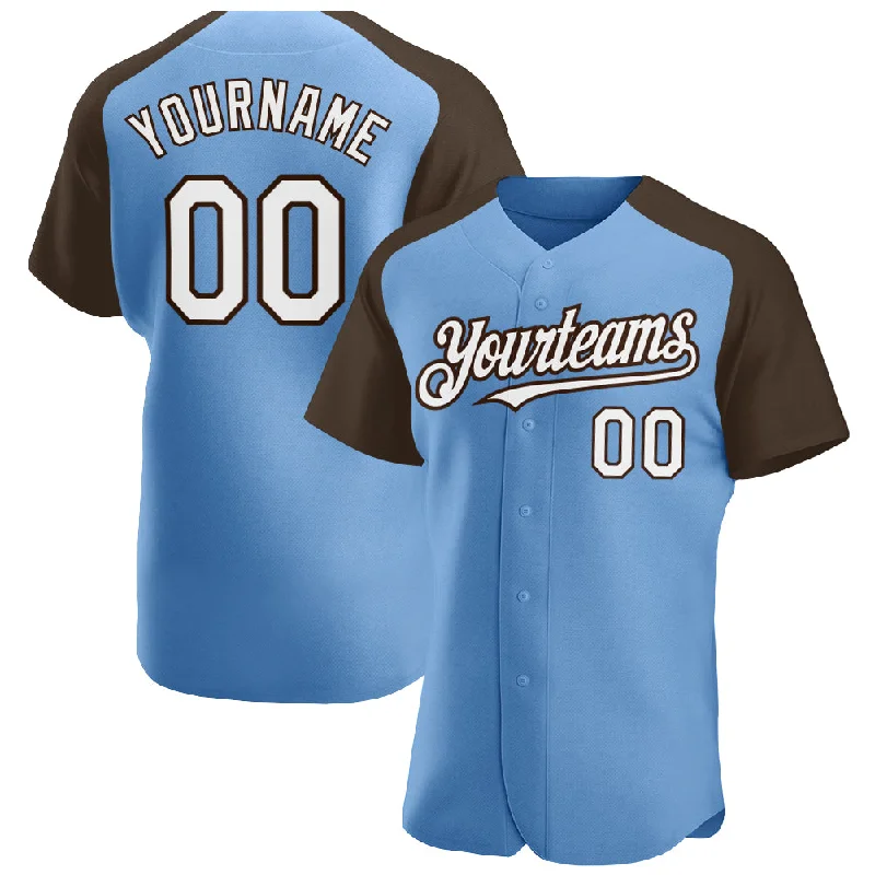 Custom Baseball Jerseys For Local Players-Custom Light Blue White-Brown Authentic Raglan Sleeves Baseball Jersey