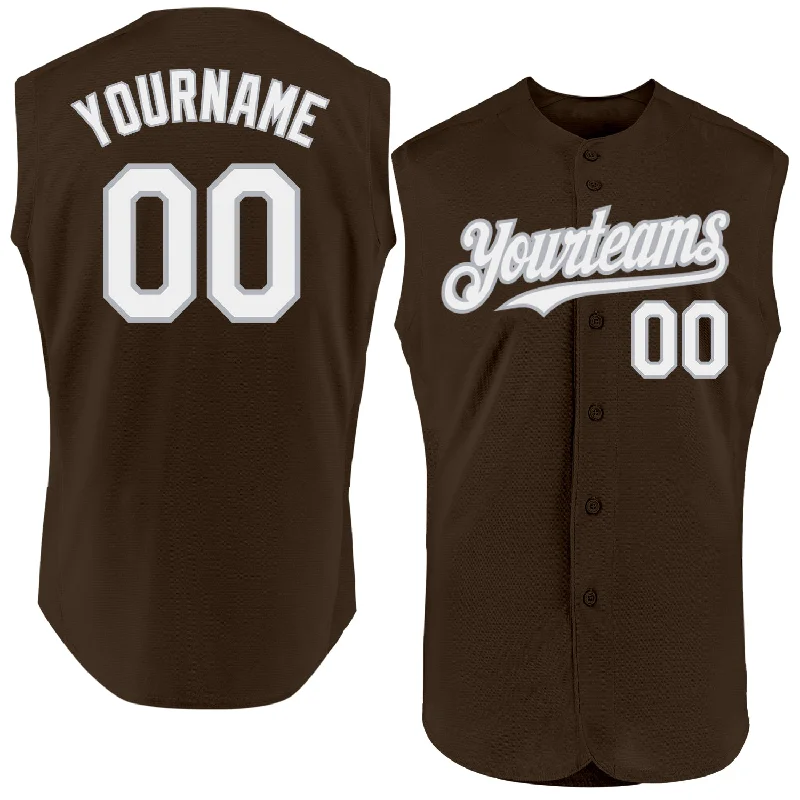 Custom Baseball Jerseys With Custom Sleeve Text-Custom Brown White-Gray Authentic Sleeveless Baseball Jersey