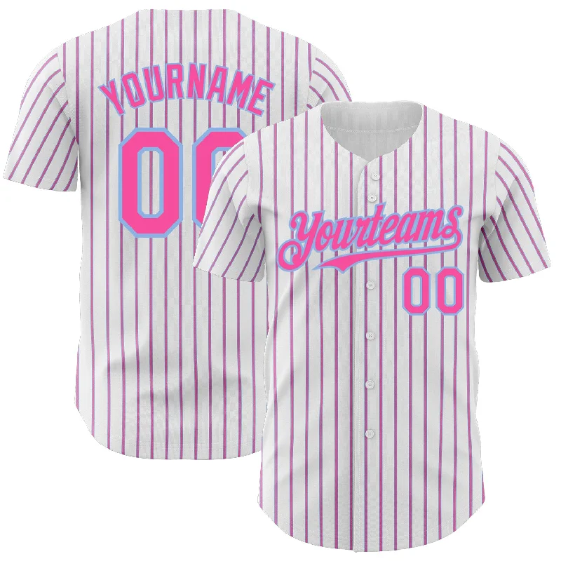 Personalized Baseball Jerseys For Charity-Custom White (Light Blue Pink Pinstripe) Pink-Light Blue Authentic Baseball Jersey