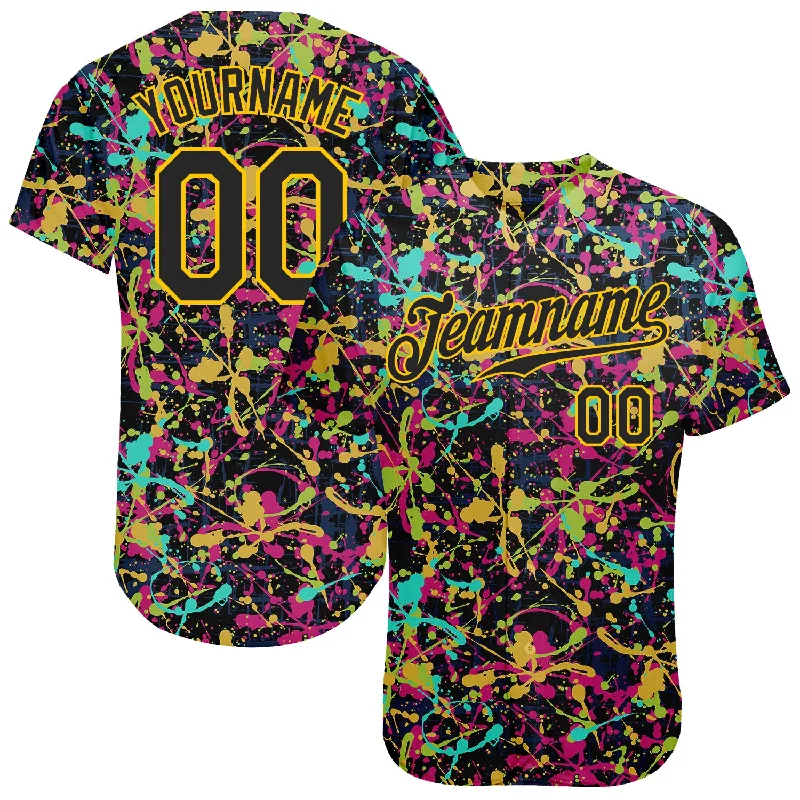 Personalized Baseball Jerseys For Special Teams-Custom Graffiti Pattern Black-Gold 3D Grunge Shabby Authentic Baseball Jersey