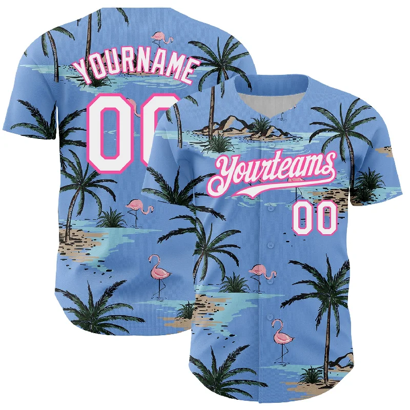 Custom Baseball Jerseys With Unique Designs-Custom Light Blue White-Pink 3D Pattern Design Tropical Hawaii Palm Trees Authentic Baseball Jersey