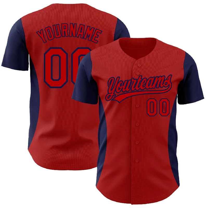 Personalized Baseball Jerseys For Charity Auctions-Custom Red Navy 3D Pattern Design Side Stripes Authentic Baseball Jersey