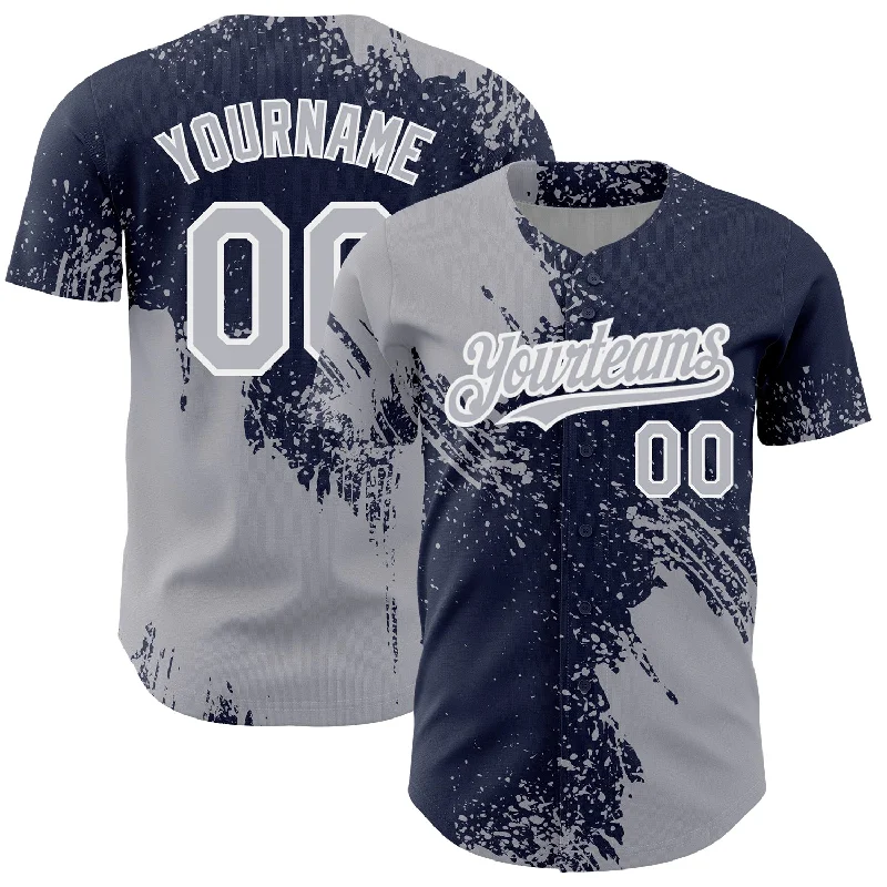 Custom Baseball Jerseys For Sports Camps-Custom Gray Navy-White 3D Pattern Design Abstract Brush Stroke Authentic Baseball Jersey