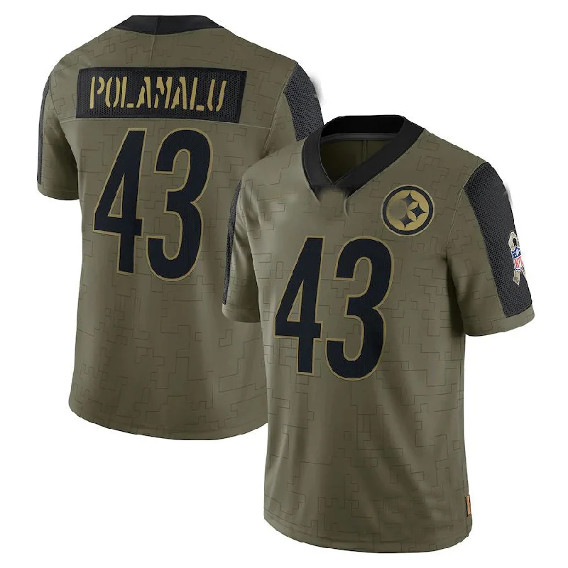 Custom Rugby Jerseys For Sports Camps-P.Steelers #43 Troy Polamalu Olive 2021 Salute To Service Retired Player Limited Jersey Stitched American Football Jerseys