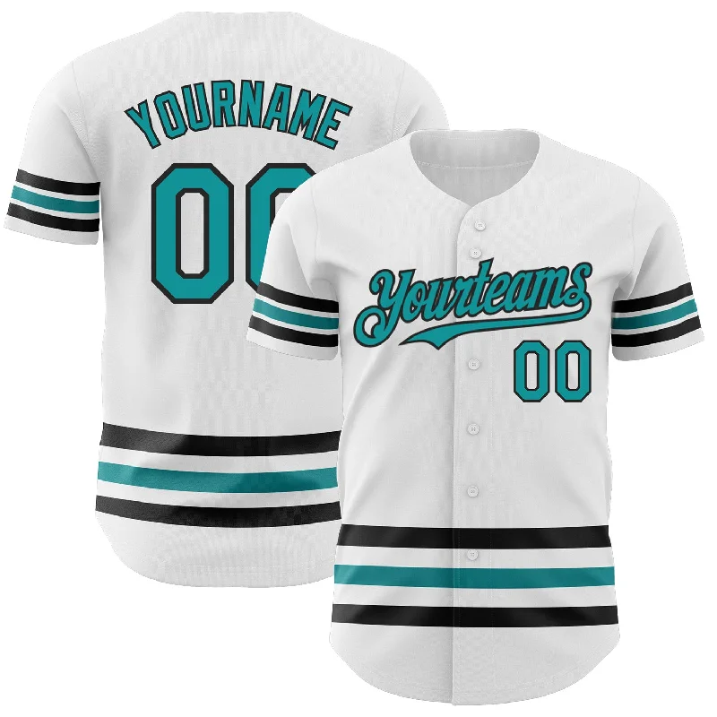 Personalized Baseball Jerseys For Charity Auctions-Custom White Teal-Black Line Authentic Baseball Jersey