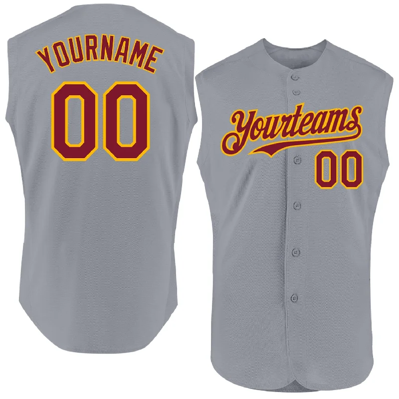 Custom Baseball Jerseys For Major Events-Custom Gray Crimson-Gold Authentic Sleeveless Baseball Jersey