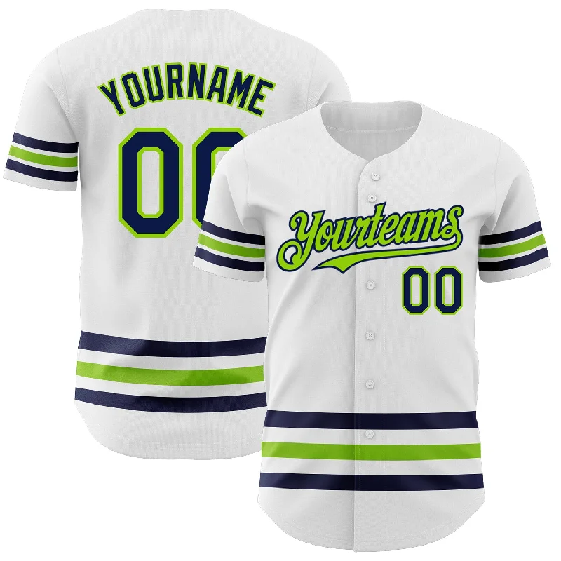 Personalized Baseball Jerseys For Group Customization-Custom White Navy-Neon Green Line Authentic Baseball Jersey