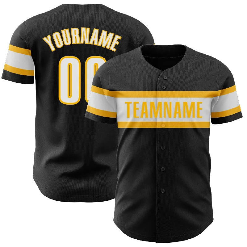 Custom Baseball Jerseys For Alumni Games-Custom Black White-Gold Authentic Baseball Jersey