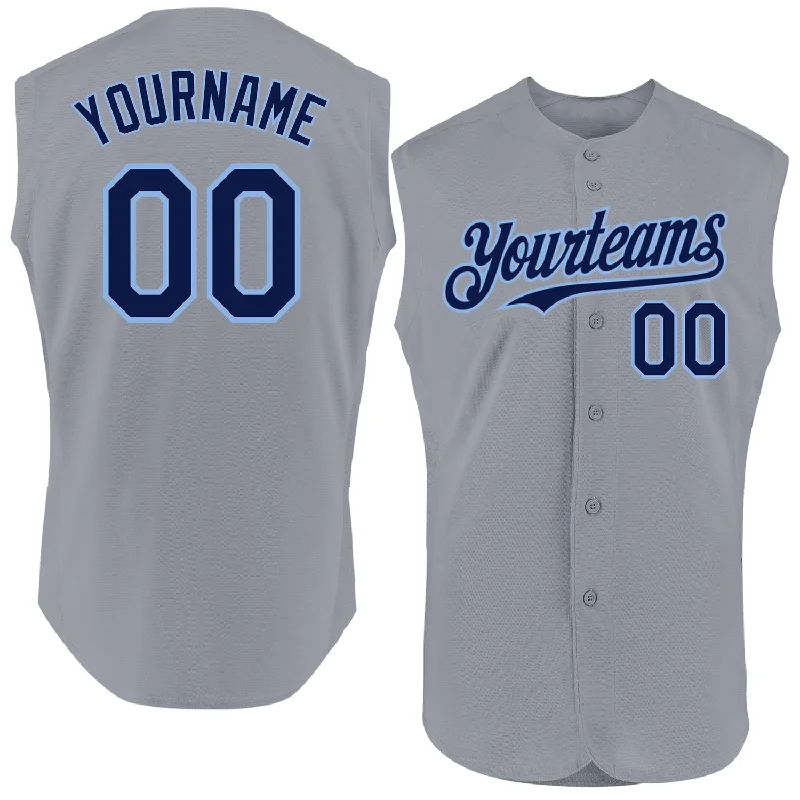 Personalized Baseball Jerseys For Custom Designs-Custom Gray Navy-Light Blue Authentic Sleeveless Baseball Jersey