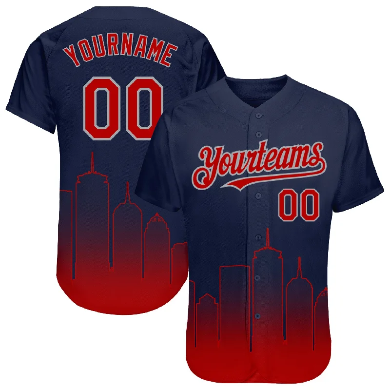 Custom Baseball Jerseys For Alumni Games-Custom Navy Red-Gray 3D Boston City Edition Fade Fashion Authentic Baseball Jersey