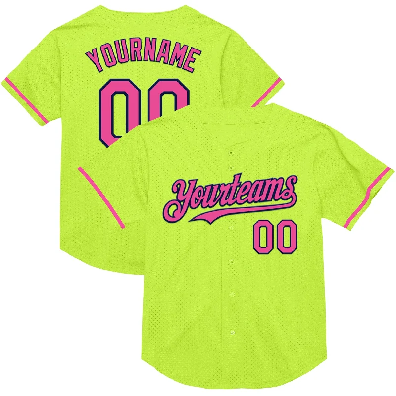 Personalized Baseball Jerseys For Families-Custom Neon Green Pink-Navy Mesh Authentic Throwback Baseball Jersey