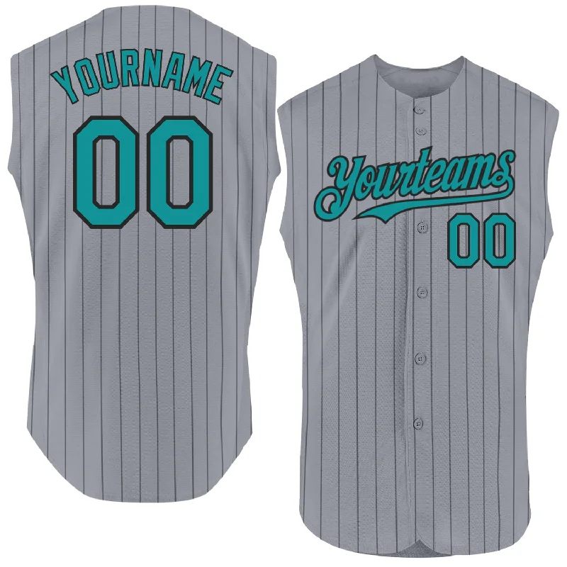 Baseball Jerseys For Youth Teams & Leagues-Custom Gray Black Pinstripe Teal Authentic Sleeveless Baseball Jersey