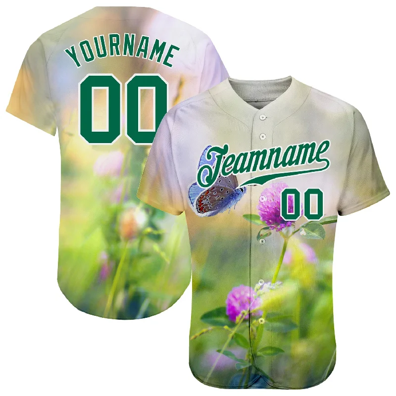 Custom Baseball Jerseys With Bold Fonts-Custom Gray Kelly Green-White 3D Pattern Design Flowers And Butterfly Authentic Baseball Jersey