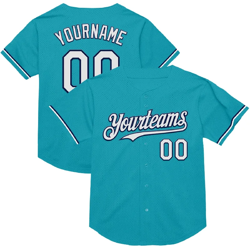 Custom Baseball Jerseys For Player Celebrations-Custom Teal White-Navy Mesh Authentic Throwback Baseball Jersey