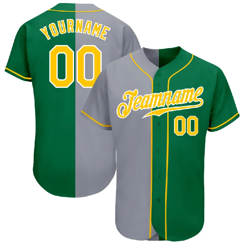 Customizable Baseball Jerseys-Custom Kelly Green Gold-Gray Authentic Split Fashion Baseball Jersey