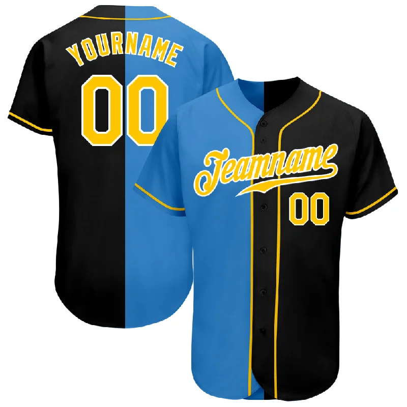 Baseball Jerseys With Custom Sleeve Printing-Custom Black Gold-Powder Blue Authentic Split Fashion Baseball Jersey