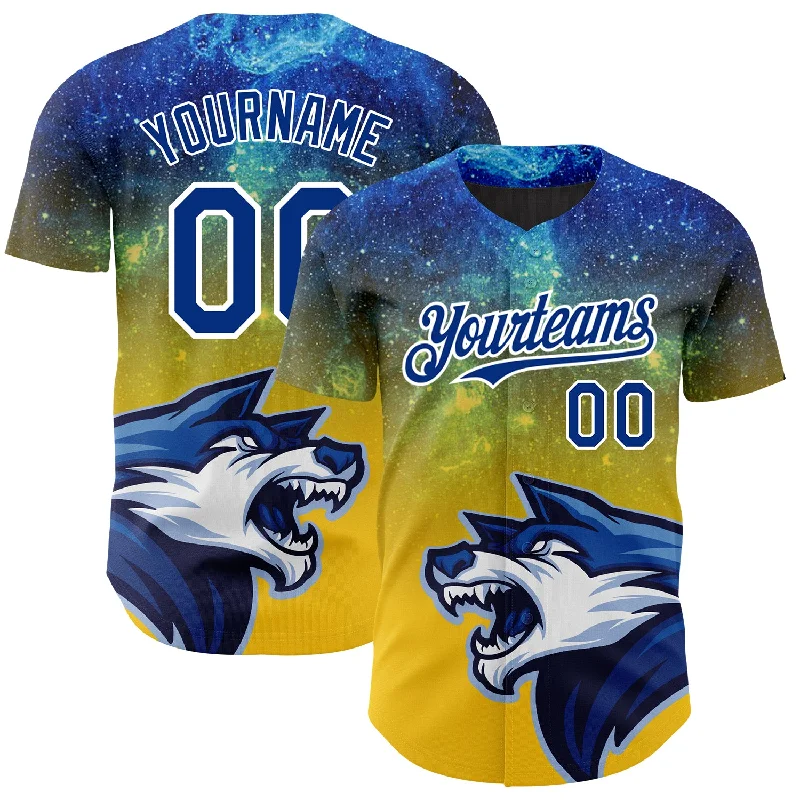 Custom Baseball Jerseys For Youth Teams-Custom Yellow Royal-White 3D Pattern Design Animal Wolf Authentic Baseball Jersey