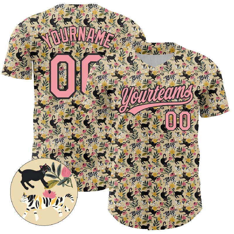 Custom Baseball Jerseys For Regional Competitions-Custom Cream Medium Pink-Black 3D Pattern Design Animal Cat Authentic Baseball Jersey