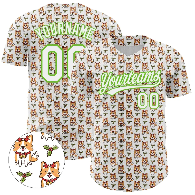 Custom Baseball Jerseys With Custom Sleeve Text-Custom White Aurora Green 3D Pattern Design Animal Dog Authentic Baseball Jersey